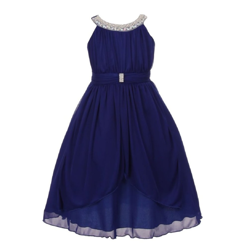 Little Girls Chiffon Beaded Neck Trim Design Easter Flowers Girls Dresses Royal